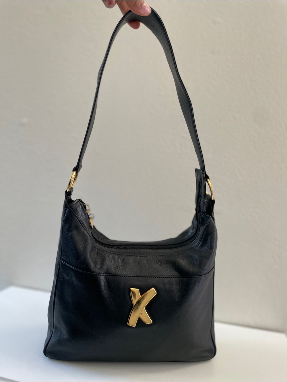 Vintage Paloma Picasso Black Leather Shoulder Bag with Gold X Emblem